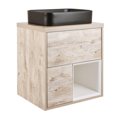 HomeStyleStore Light Oak 594mm LED Lit Wall Hung Bathroom Vanity Unit ...
