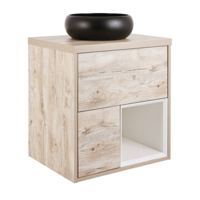 HomeStyleStore Light Oak 594mm Wall Hung Bathroom Vanity Unit Round ...