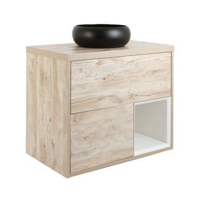 HomeStyleStore Light Oak 800mm Wall Hung Bathroom Vanity Unit Round ...