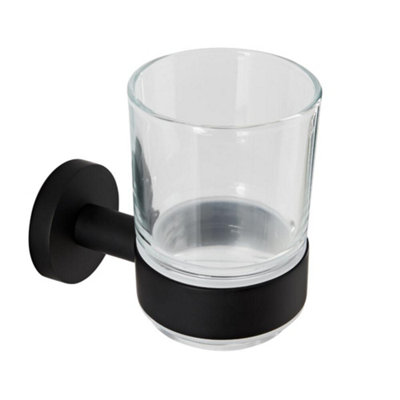 HomeStyleStore Round Wall Mounted Bathroom Glass Toothbrush Tumbler with Black Holder