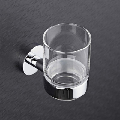 HomeStyleStore Round Wall Mounted Bathroom Glass Toothbrush Tumbler with Chrome Holder