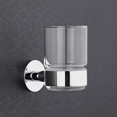HomeStyleStore Round Wall Mounted Bathroom Glass Toothbrush Tumbler with Chrome Holder