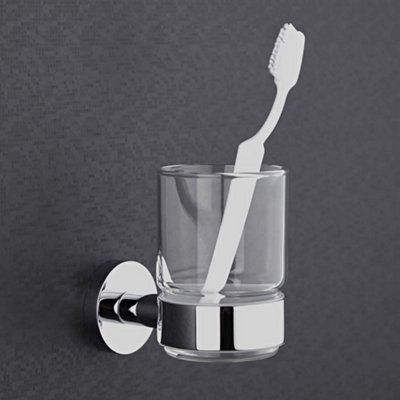 HomeStyleStore Round Wall Mounted Bathroom Glass Toothbrush Tumbler with Chrome Holder