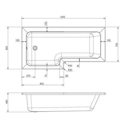 HomeStyleStore White 1700 x 850mm Bathroom Left Hand Square Shower Bath ...