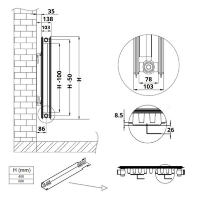 Milano Mono White Type 22 Double Panel Radiator - 600mm X 1400mm, 8166 BTU, Steel, Wall Mounted