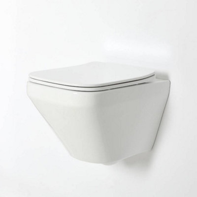 HomeStyleStore White Wall Hung Square Rimless Toilet WC with Soft Close ...