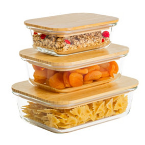 Homiu 3-Piece Rectangle Glass Food Storage Containers with Bamboo Lids