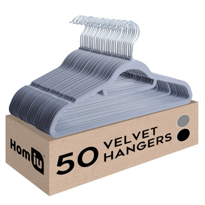 Homiu 50 Grey Velvet Suit Hangers, Non-Slip Clothes Hangers with Tie Bar & Hook, For Coat, Clothes, Trouser, Dress