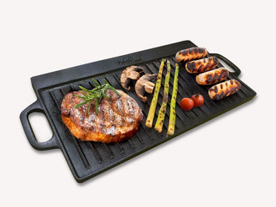 Homiu Cast Iron Griddle Plate, BBQ Induction Griddle Pan Non-Stick Double Sided Pre-Seasoned, Flat and Ridged Surfaces 50 x 23cm