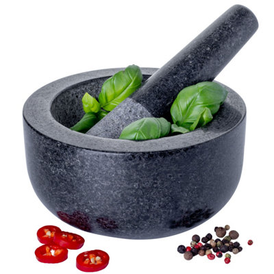 Homiu Granite Pestle And Mortar Set 15.5cm Large Bowl and Grinder Natural Stone, Solid and Durable