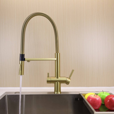 Hommix Riva 3 Way Kitchen Tap - Brushed Brass Pull Down Magnetic Spring ...