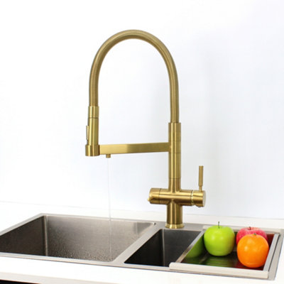 Hommix Savona Brushed Brass Pull-Out Spray-Hose 3-Way Tap (Triflow Filter Tap)