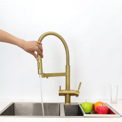 Hommix Savona Brushed Brass Pull-Out Spray-Hose 3-Way Tap (Triflow Filter Tap)