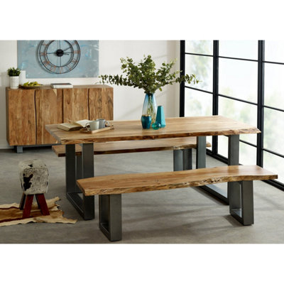 Hommoo Industrial Solid Wood And Metal Large Dining Bench