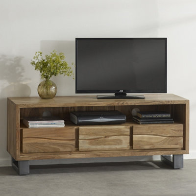 Hommoo Solid Acacia Wood 3 Drawer & Shelf Large Tv Media Unit