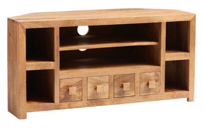 Hommoo Solid Light Mango Wood 4 Shelves And 4 Drawers Corner Tv Unit