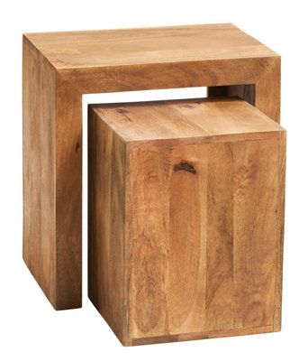 Hommoo Solid Light Mango Wood Cubed Nest Of 2 Tables In Matt Finish