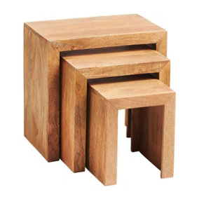 Hommoo Solid Light Mango Wood Cubed Shape Warm Look Nest Of 3 Tables In Matt Finish