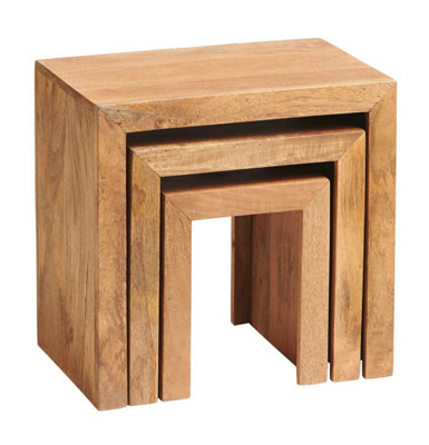Hommoo Solid Light Mango Wood Cubed Shape Warm Look Nest Of 3 Tables In Matt Finish