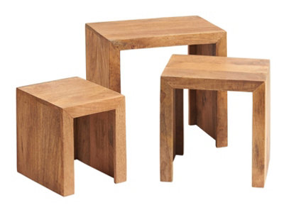 Hommoo Solid Light Mango Wood Cubed Shape Warm Look Nest Of 3 Tables In Matt Finish