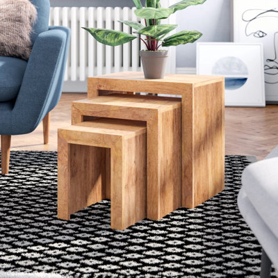 Hommoo Solid Light Mango Wood Cubed Shape Warm Look Nest Of 3 Tables In Matt Finish