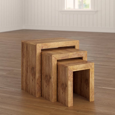 Hommoo Solid Light Mango Wood Cubed Shape Warm Look Nest Of 3 Tables In Matt Finish