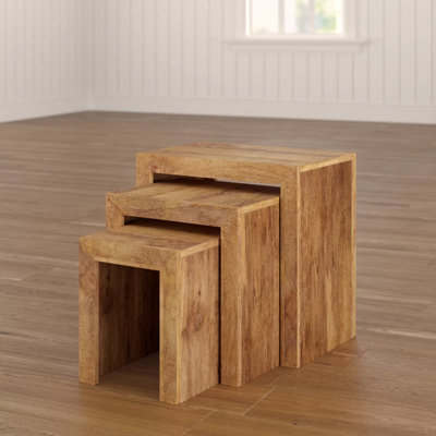 Hommoo Solid Light Mango Wood Cubed Shape Warm Look Nest Of 3 Tables In Matt Finish
