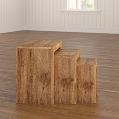Hommoo Solid Light Mango Wood Cubed Shape Warm Look Nest Of 3 Tables In Matt Finish