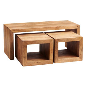 Hommoo Solid Mango Wood 1 Large Table With 2 Small Cubes Set Of 3 Nested Tables