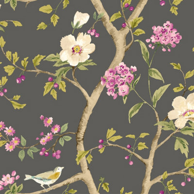 Hoopla Walls Bird Song - Plum & Noir 10m Wallpaper