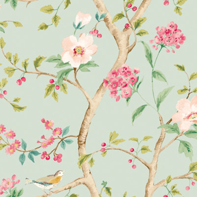 Hoopla Walls Bird Song - Seafoam & Rose 10m Wallpaper