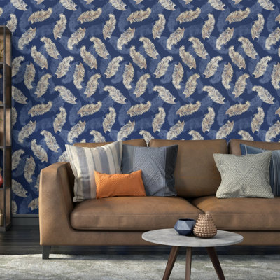 Hoopla Walls Blue Feathers Smooth Matt Wallpaper
