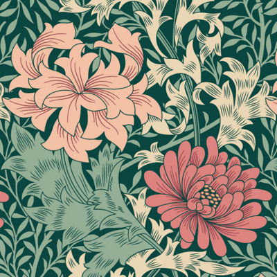 Hoopla Walls Chrysanthemum Green & Pink Smooth Matt Wallpaper