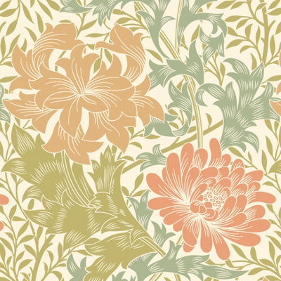 Hoopla Walls Chrysanthemum Sage & Amber Smooth Matt Wallpaper