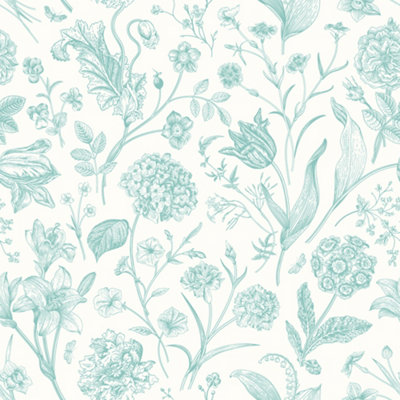 Hoopla Walls Floral Toile - Duck Egg Blue 10m Wallpaper