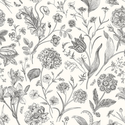 Hoopla Walls Floral Toile - Ebony 10m Wallpaper