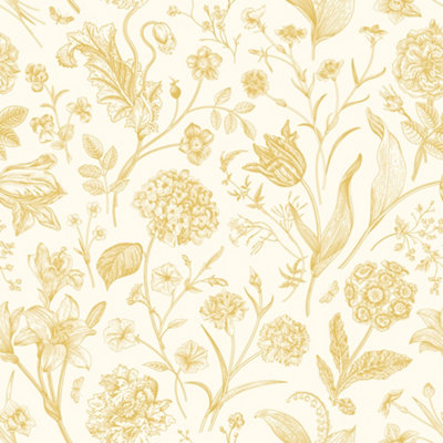 Hoopla Walls Floral Toile - Rich Butter 10m Wallpaper