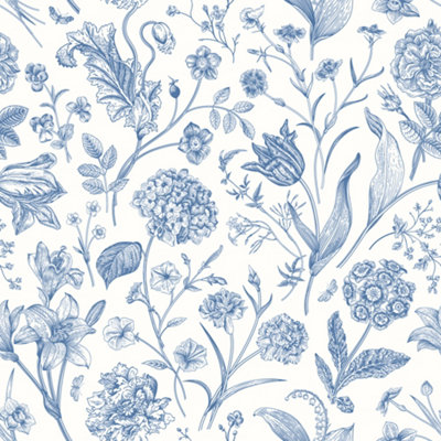 Hoopla Walls Floral Toile - Royal Blue 10m Wallpaper