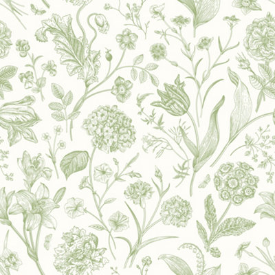 Hoopla Walls Floral Toile - Sage 10m Wallpaper