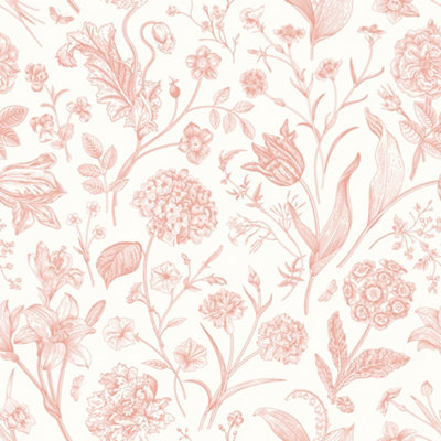 Hoopla Walls Floral Toile - Soft Coral 10m Wallpaper