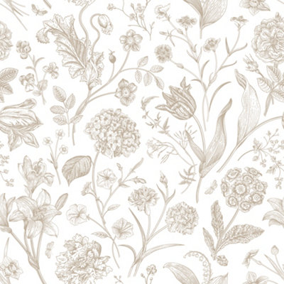 Hoopla Walls Floral Toile - Stone 10m Wallpaper
