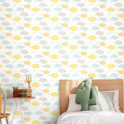Hoopla Walls Fluffy Clouds Lemon Fizz 10m Wallpaper