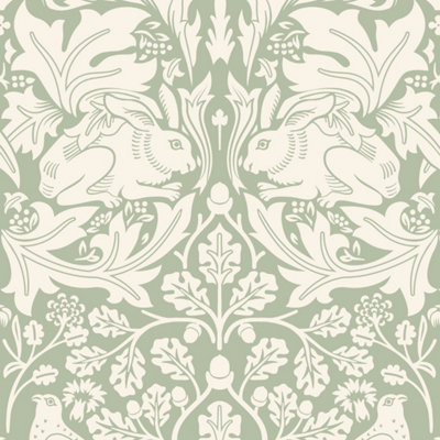 Hoopla Walls Forest Rabbit Sage Green Smooth Matt Wallpaper