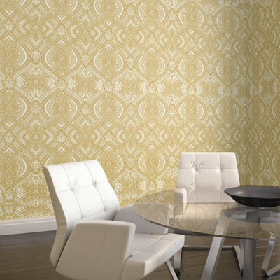 Hoopla Walls Gold Ogee Damask Smooth Matt Wallpaper