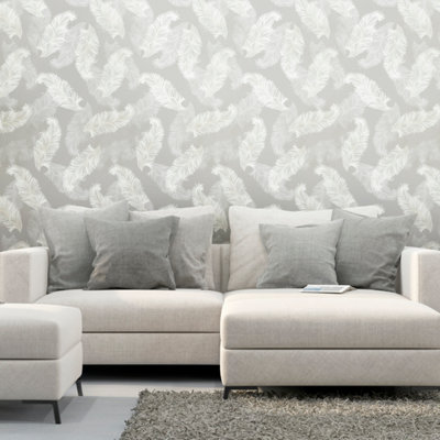Hoopla Walls Grey Feathers Smooth Matt Wallpaper