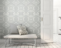 Hoopla Walls Grey Ogee Damask Smooth Matt Wallpaper