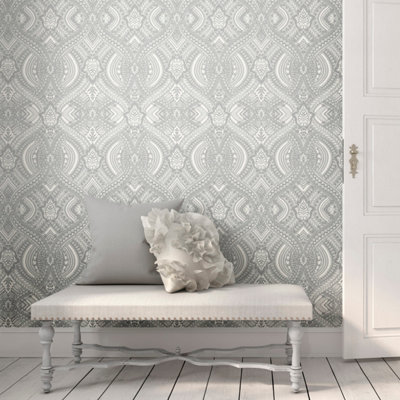 Hoopla Walls Grey Ogee Damask Smooth Matt Wallpaper | DIY at B&Q