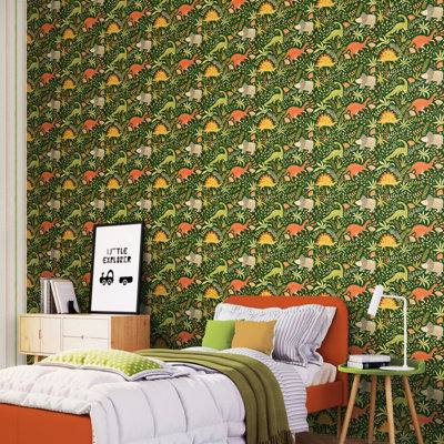Hoopla Walls Jurassic Party Olive Jungle 10m Wallpaper