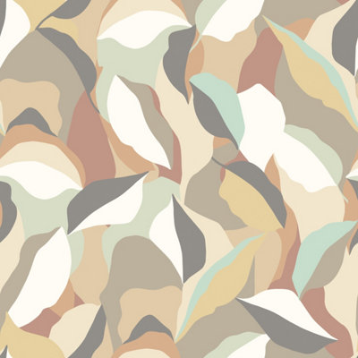 Hoopla Walls Leafy Patchwork Caramel & Mint Smooth Matt Wallpaper