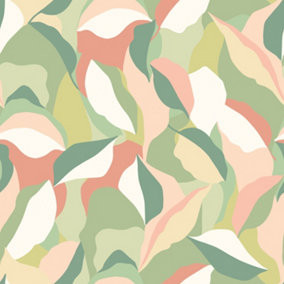 Hoopla Walls Leafy Patchwork Olive & Blush Smooth Matt Wallpaper